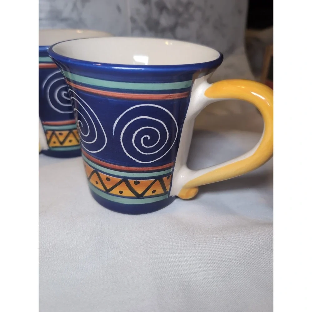 Vintage Y2K Pier 1 Italian Swirl Handpainted Mugs ~ Set of 4 ~ 16oz Earthenware
